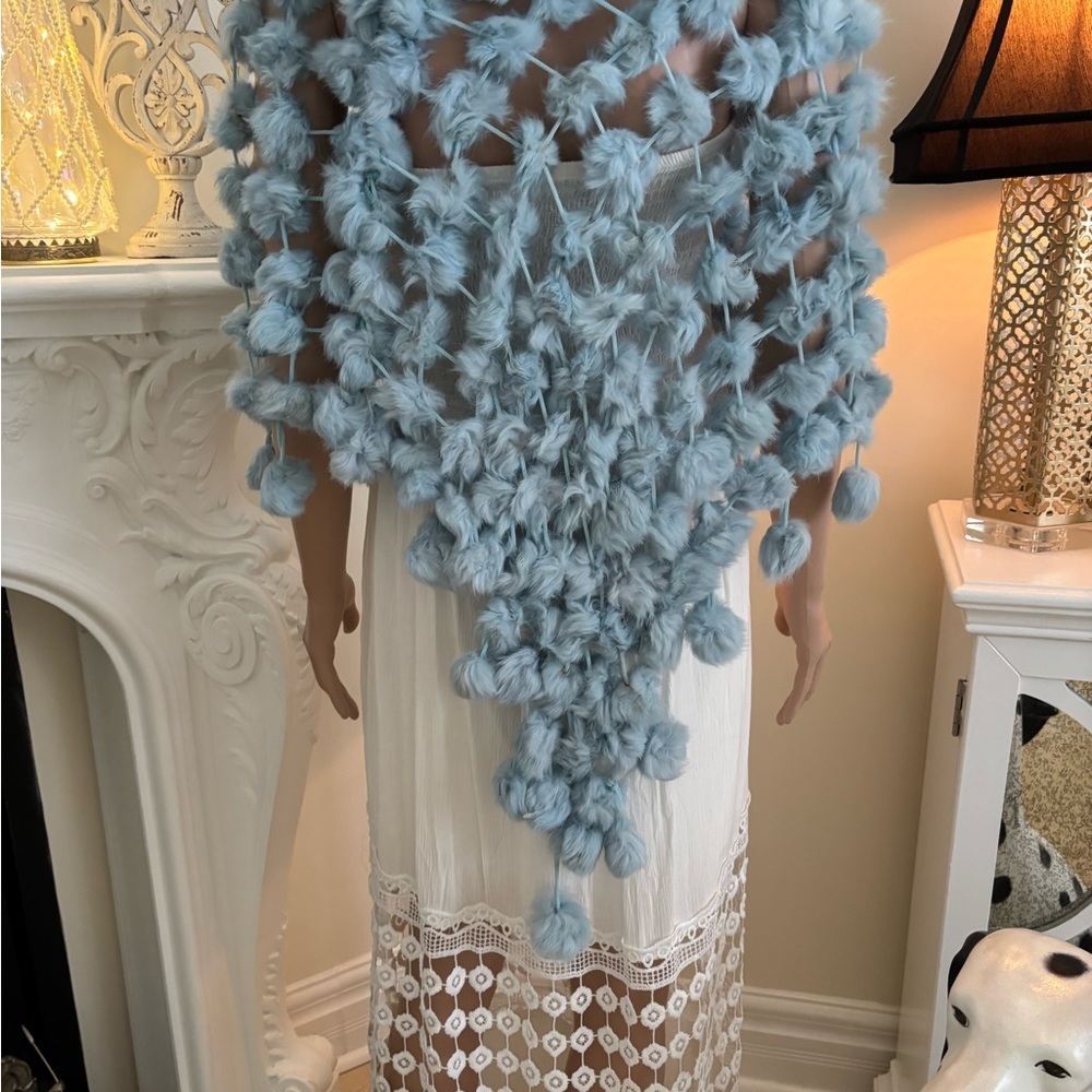 Light Blue Fluffy Rabbit Fur Shawl Wrap - Picture 7 of 11